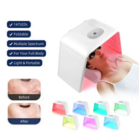 Radiant Glow LED Skin Rejuvenator™ with features listed and before-and-after images of skin treatment.